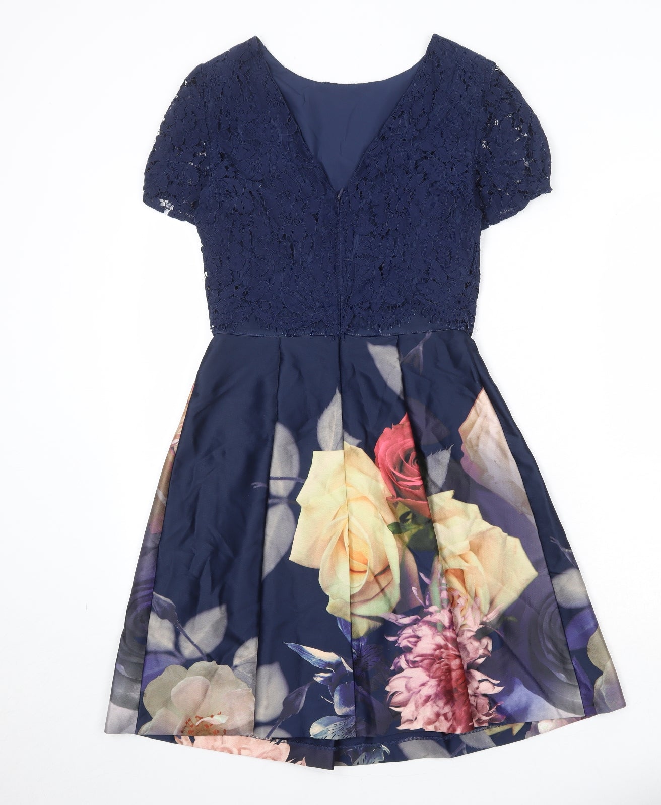 Oasis Womens Blue Floral Cotton Fit & Flare Size S Round Neck Zip