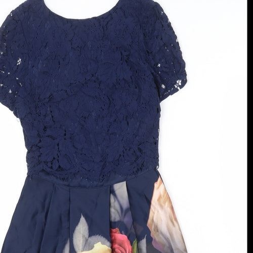 Oasis Womens Blue Floral Cotton Fit & Flare Size S Round Neck Zip
