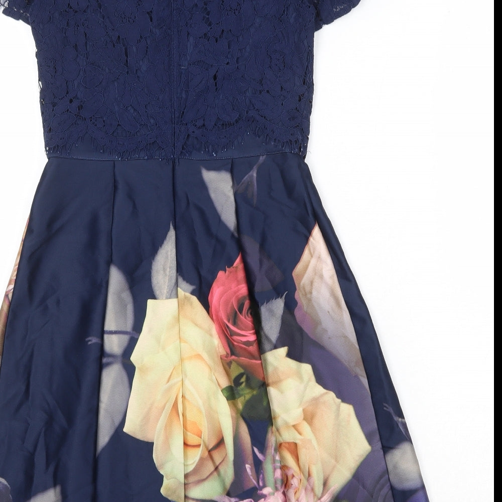 Oasis Womens Blue Floral Cotton Fit & Flare Size S Round Neck Zip
