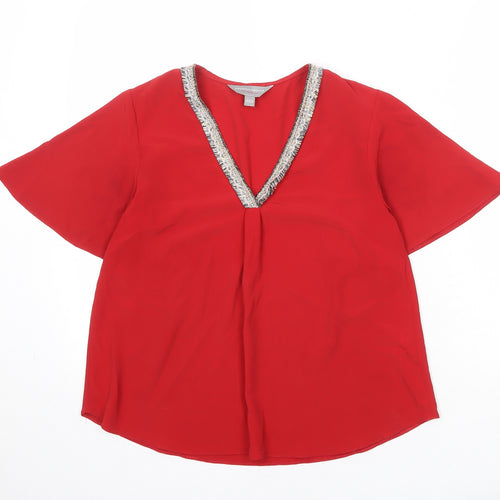 Dorothy Perkins Womens Red Polyester Basic Blouse Size 8 V-Neck