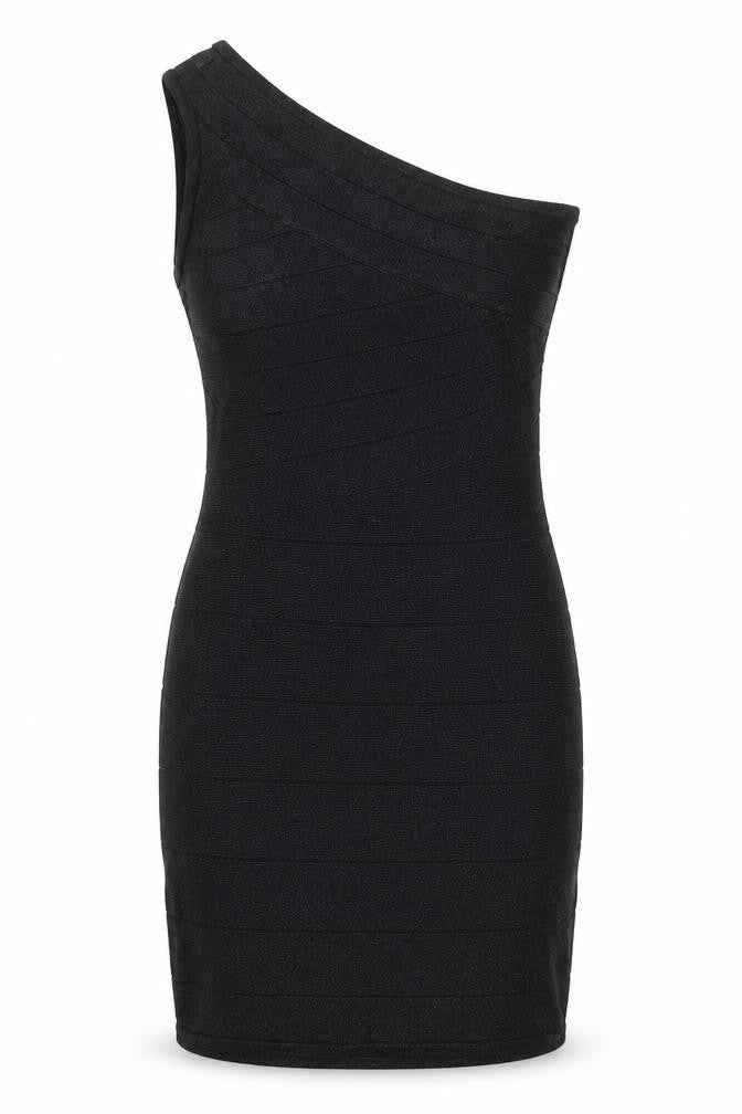 Front view of WOW Couture women’s black viscose a-line, size L, one shoulder zip