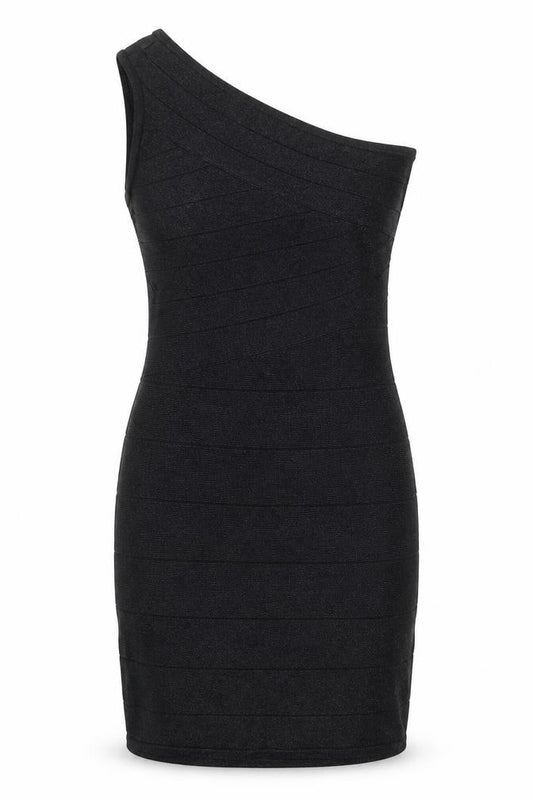 Front view of WOW Couture women’s black viscose a-line, size L, one shoulder zip