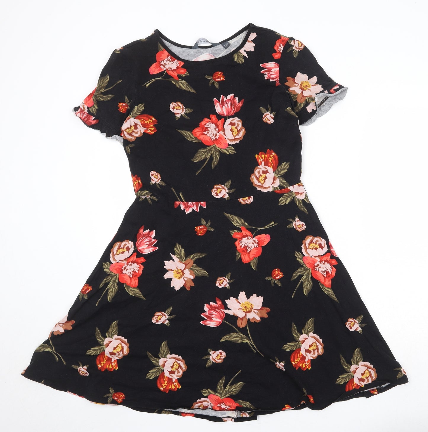 Dorothy Perkins Womens Black Floral Cotton Fit & Flare Size 14 Round Neck Pullover