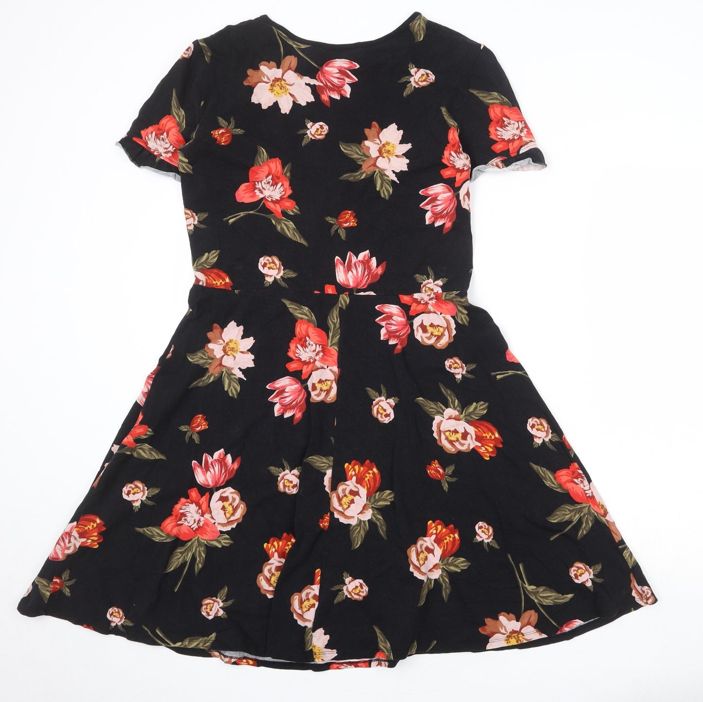 Dorothy Perkins Womens Black Floral Cotton Fit & Flare Size 14 Round Neck Pullover