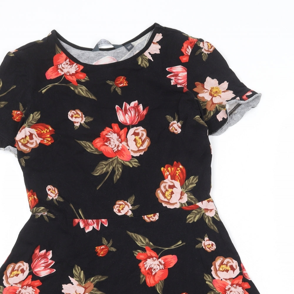 Dorothy Perkins Womens Black Floral Cotton Fit & Flare Size 14 Round Neck Pullover