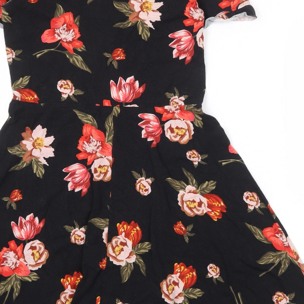 Dorothy Perkins Womens Black Floral Cotton Fit & Flare Size 14 Round Neck Pullover
