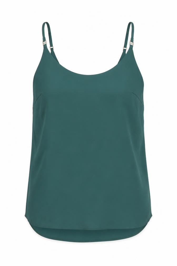 Front view of Dorothy Perkins women’s green polyester basic tank, size UK 10, round neck