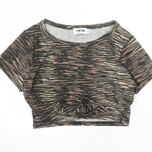 Twiin Womens Brown Geometric Polyester Cropped T-Shirt Size L Round Neck