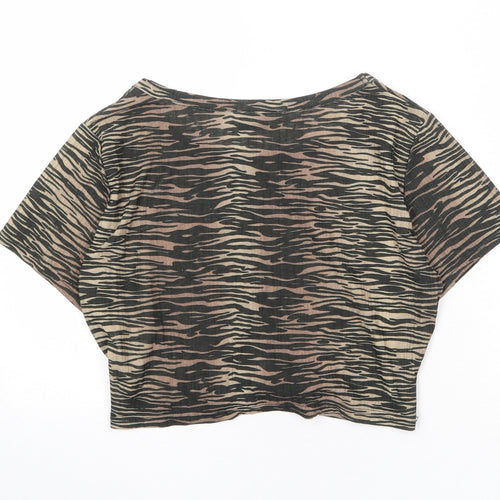 Twiin Womens Brown Geometric Polyester Cropped T-Shirt Size L Round Neck
