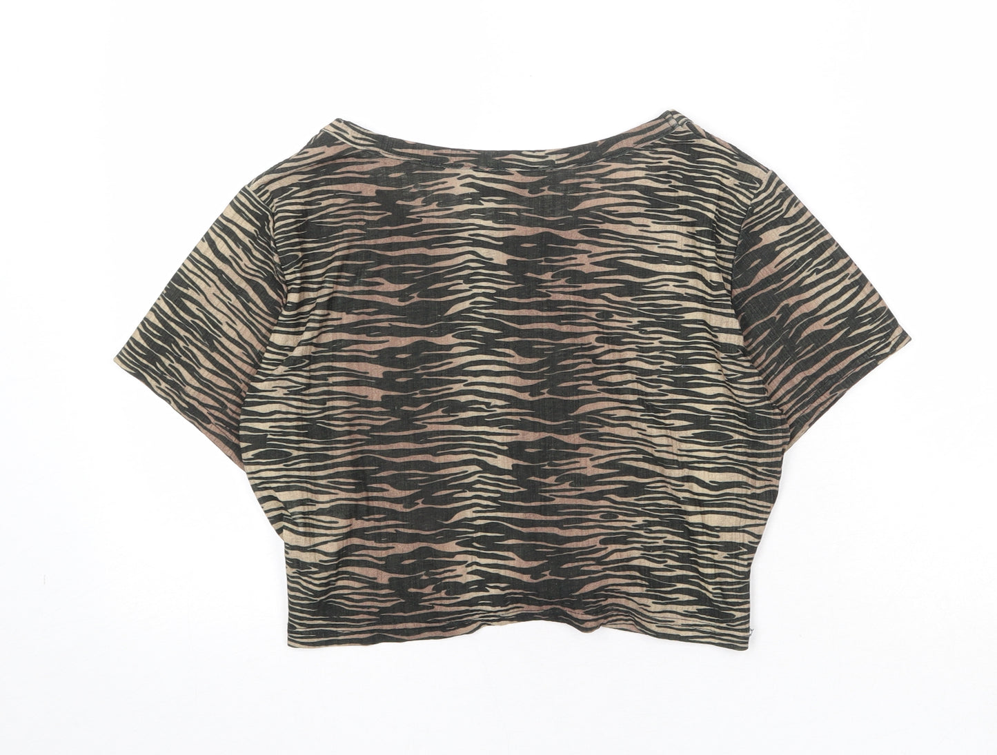 Twiin Womens Brown Geometric Polyester Cropped T-Shirt Size L Round Neck