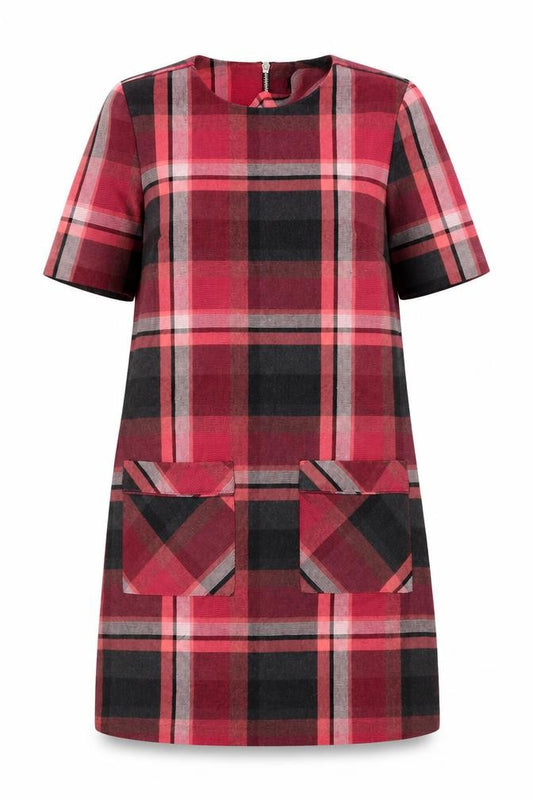 Front view of Next women’s multicoloured plaid polyester shift, size UK 8, round neck zip