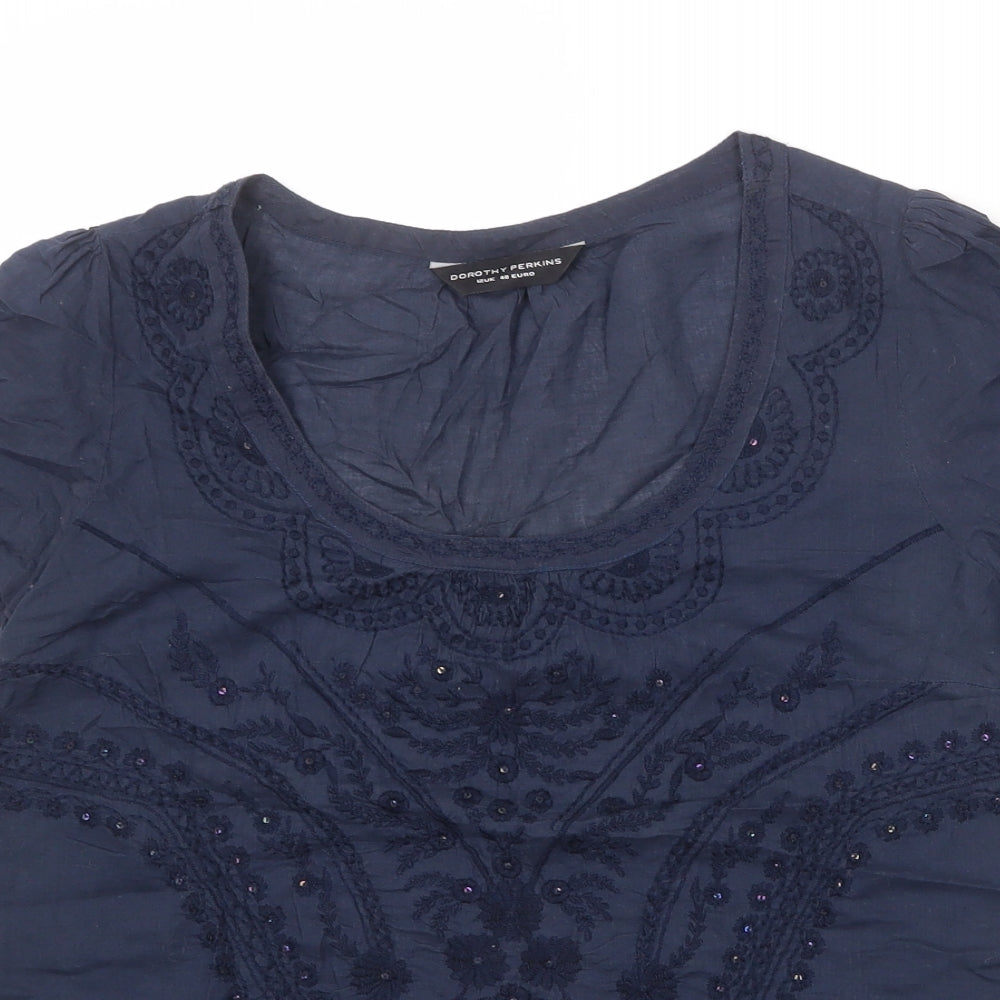 Dorothy Perkins Womens Blue 100% Cotton Basic Blouse Size 12 Round Neck - Broderie Anglaise