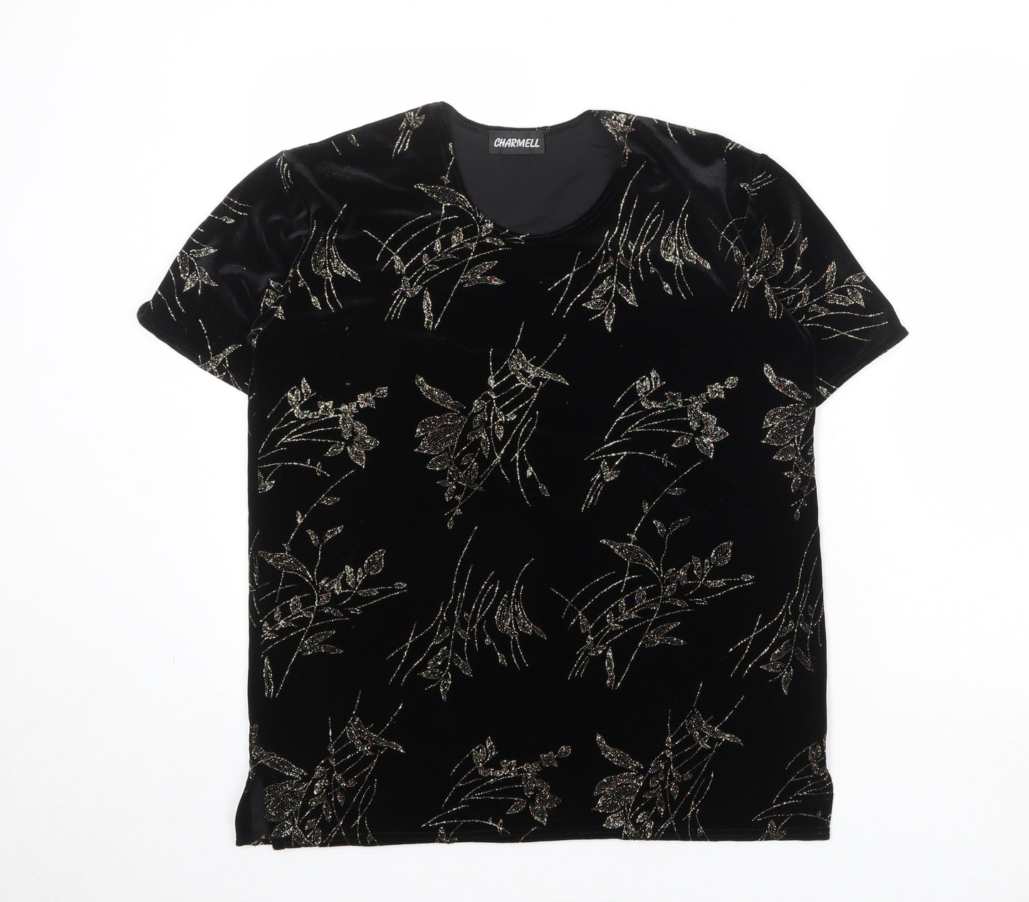 Charmell Womens Black Geometric Polyester Basic T-Shirt Size M Round Neck