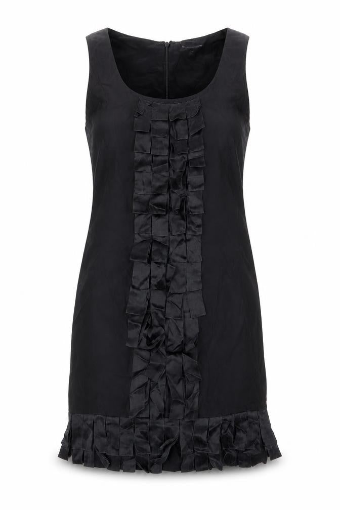 Front view of Warehouse women’s black silk sheath, size UK 10, round neck zip