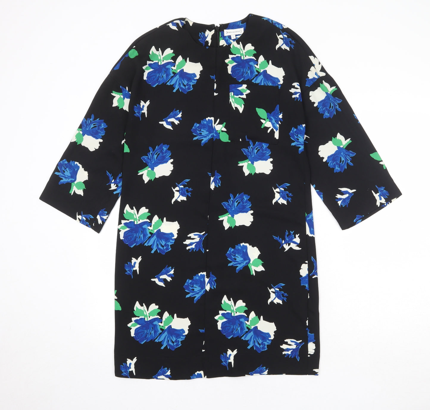 Warehouse Womens Black Floral Polyester A-Line Size 6 Round Neck Zip