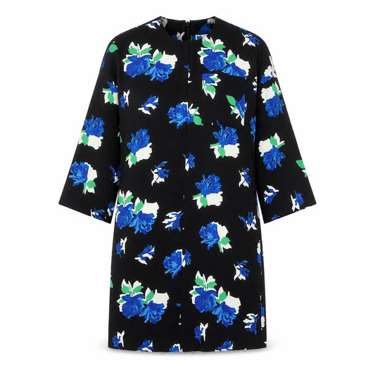 Front view of Warehouse women’s black floral polyester a-line, size UK 6, round neck zip