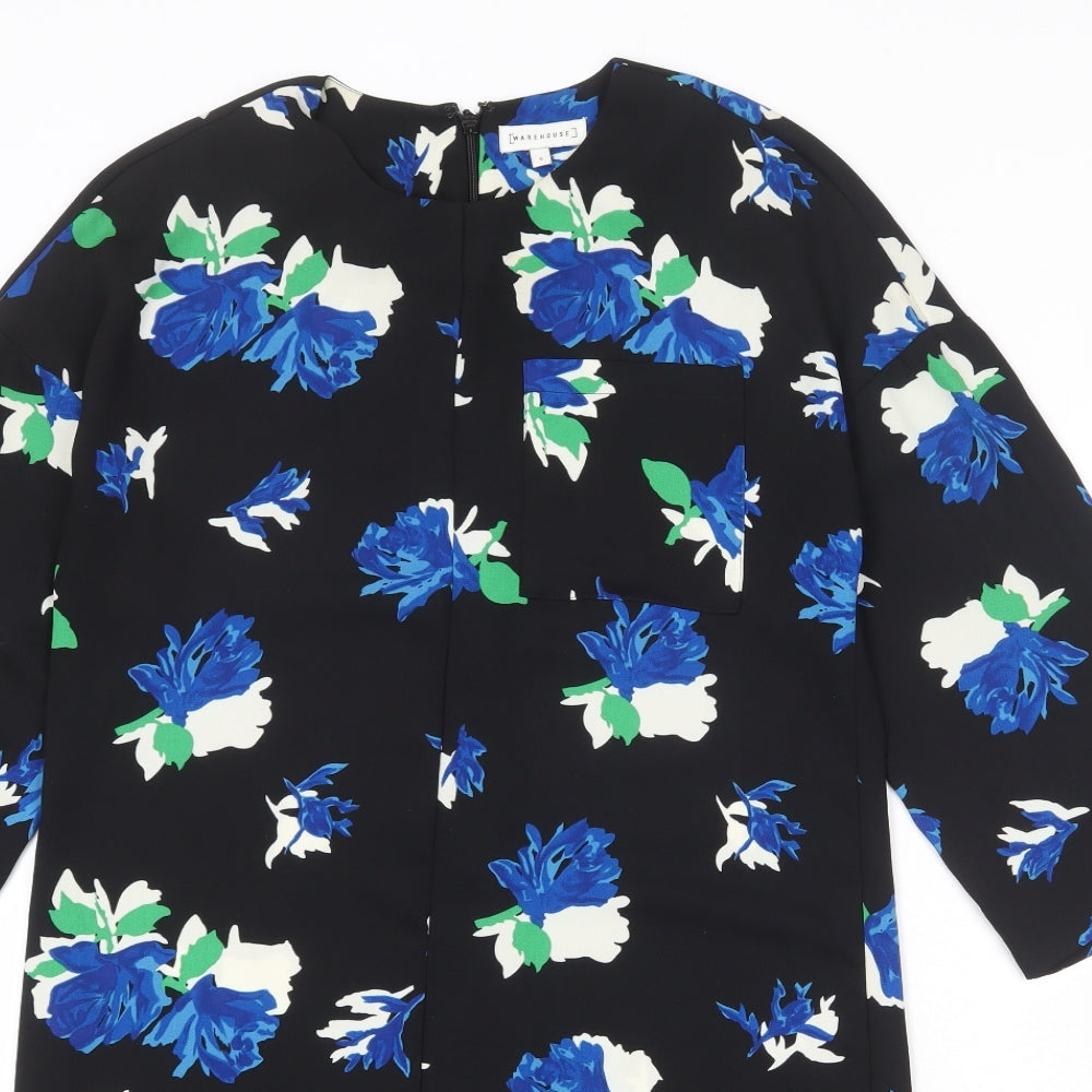 Warehouse Womens Black Floral Polyester A-Line Size 6 Round Neck Zip