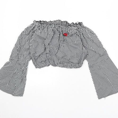 Pull&Bear Womens Black Geometric Cotton Cropped Blouse Size S Off the Shoulder