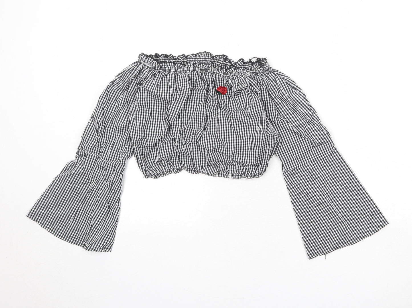 Pull&Bear Womens Black Geometric Cotton Cropped Blouse Size S Off the Shoulder