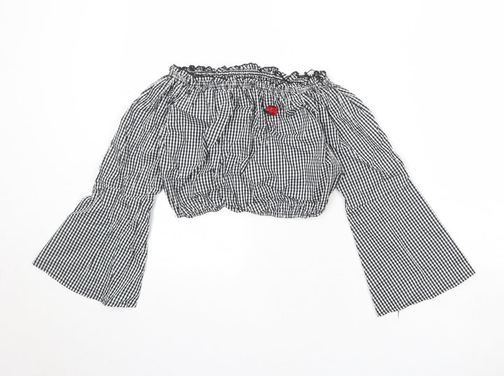 Pull&Bear Womens Black Geometric Cotton Cropped Blouse Size S Off the Shoulder
