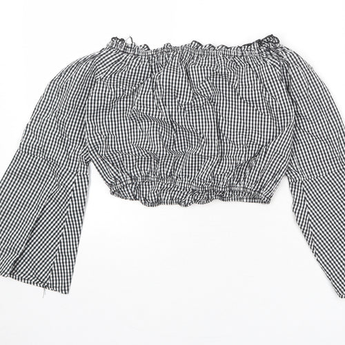 Pull&Bear Womens Black Geometric Cotton Cropped Blouse Size S Off the Shoulder
