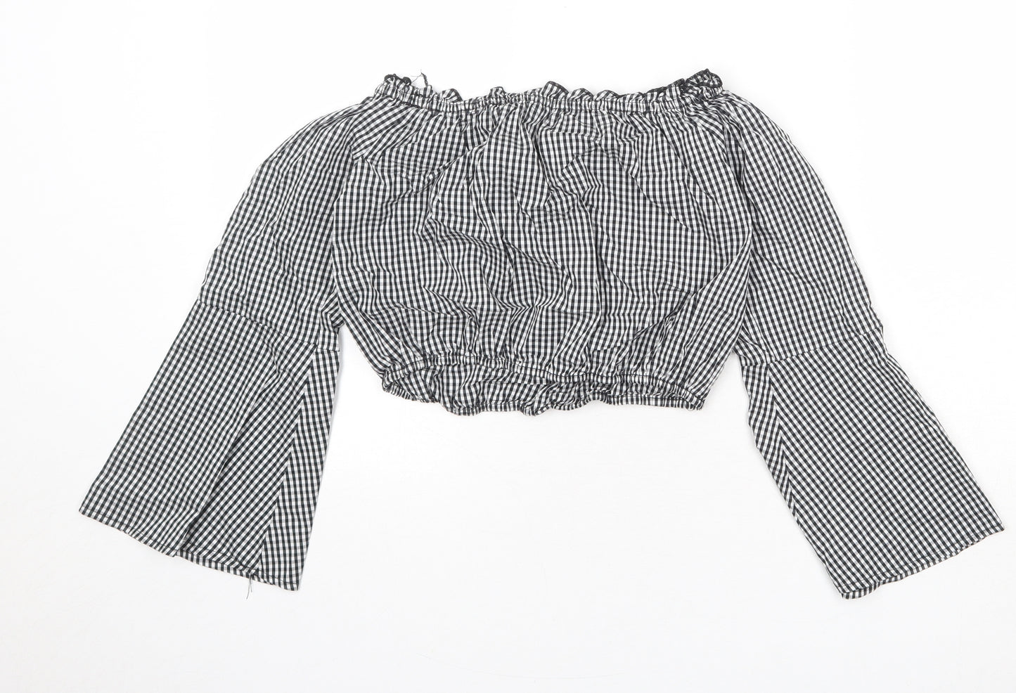 Pull&Bear Womens Black Geometric Cotton Cropped Blouse Size S Off the Shoulder