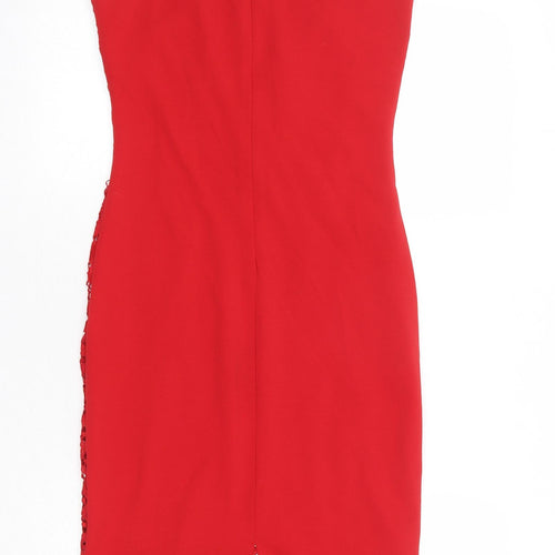 Quiz Womens Red Geometric Polyester Bodycon Size 8 Round Neck Zip
