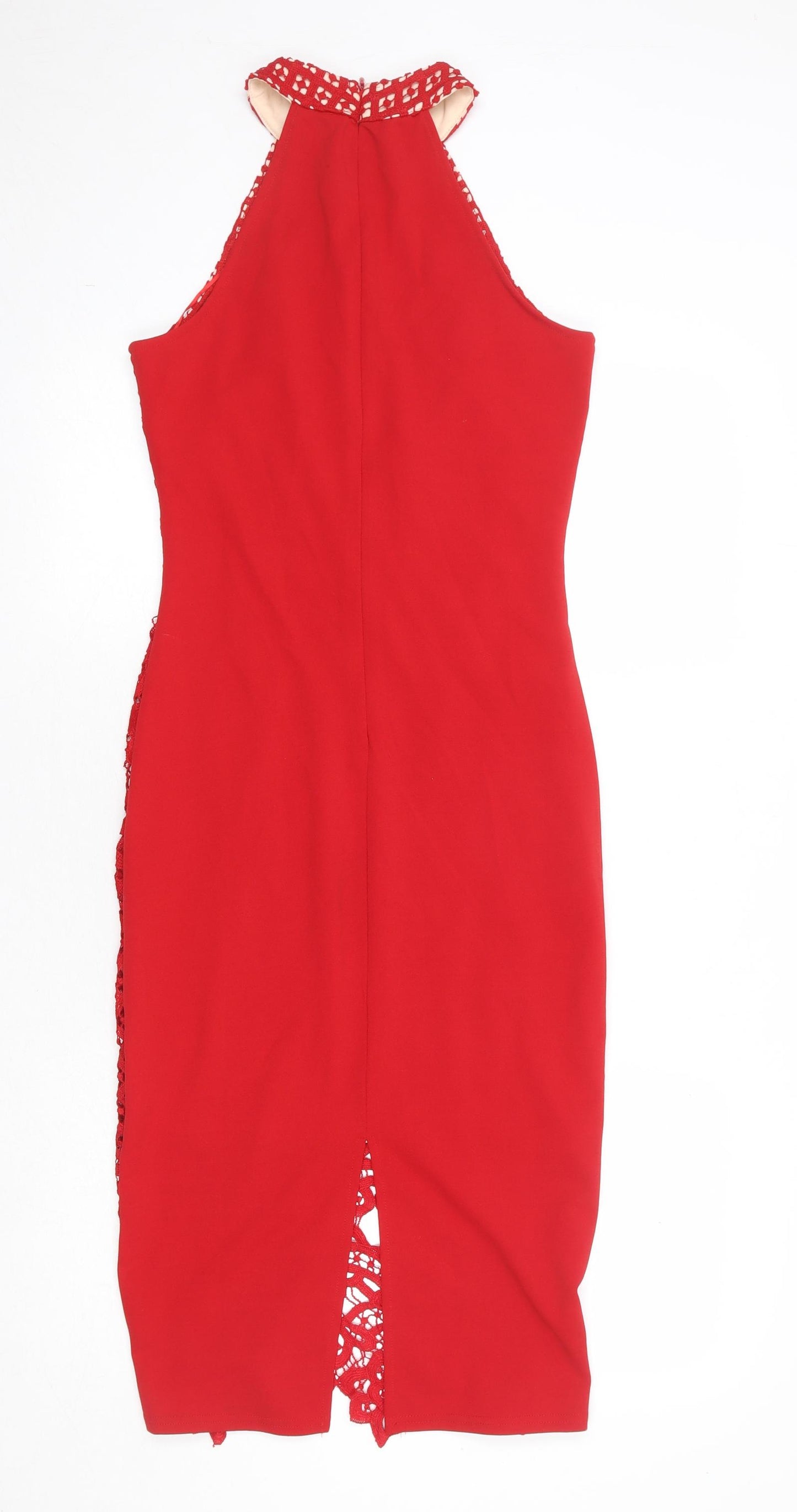 Quiz Womens Red Geometric Polyester Bodycon Size 8 Round Neck Zip