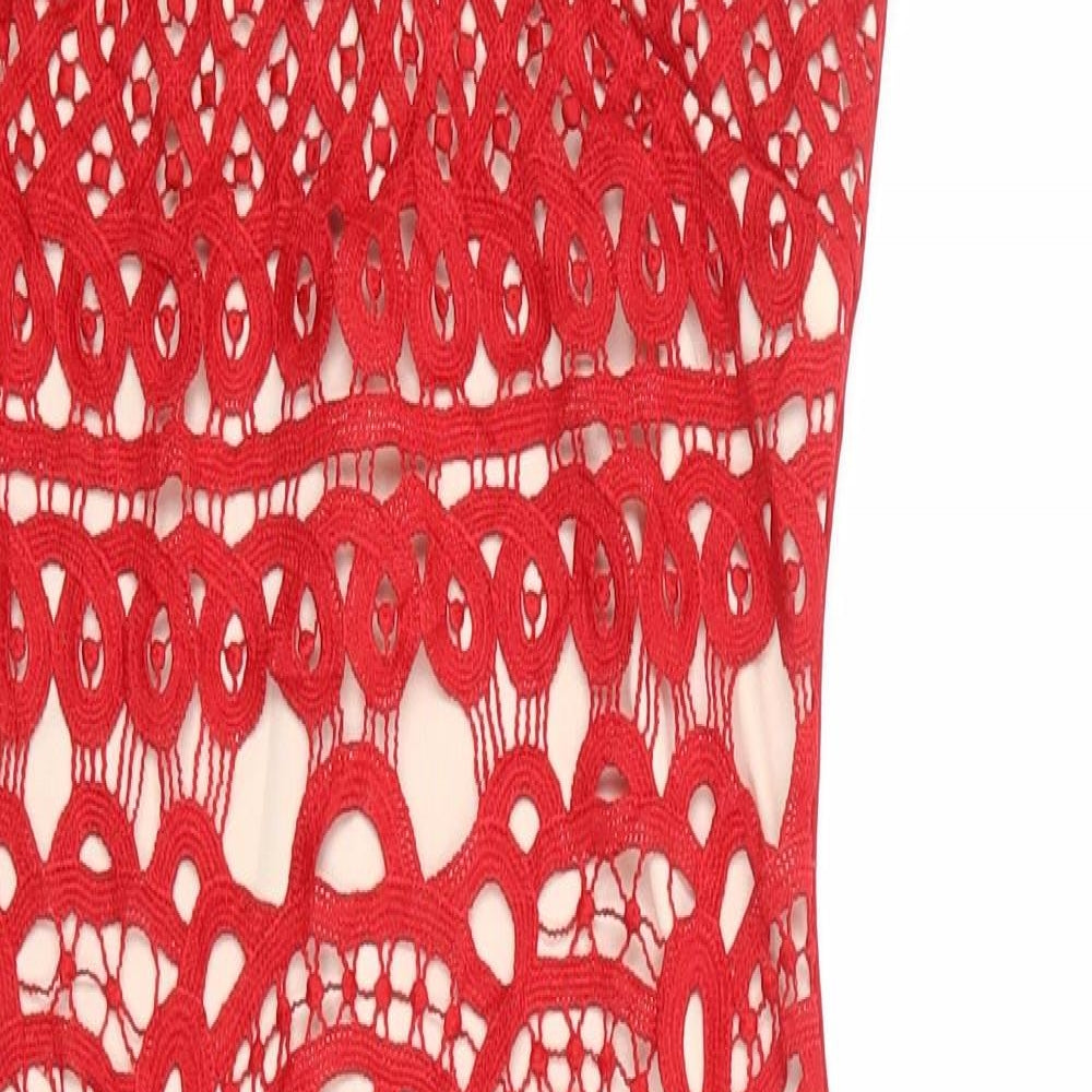 Quiz Womens Red Geometric Polyester Bodycon Size 8 Round Neck Zip