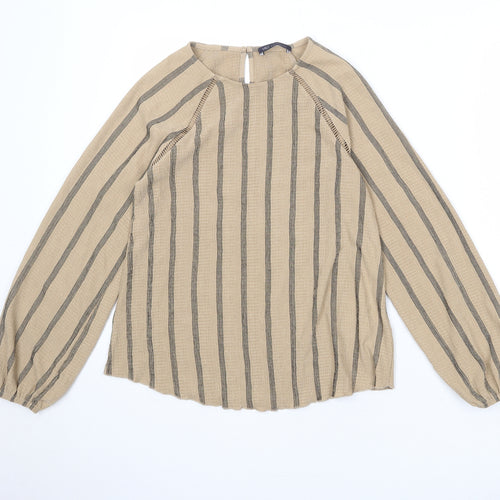 Marks and Spencer Womens Brown Striped Polyester Basic Blouse Size 6 Round Neck