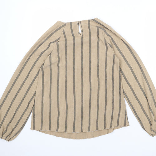 Marks and Spencer Womens Brown Striped Polyester Basic Blouse Size 6 Round Neck