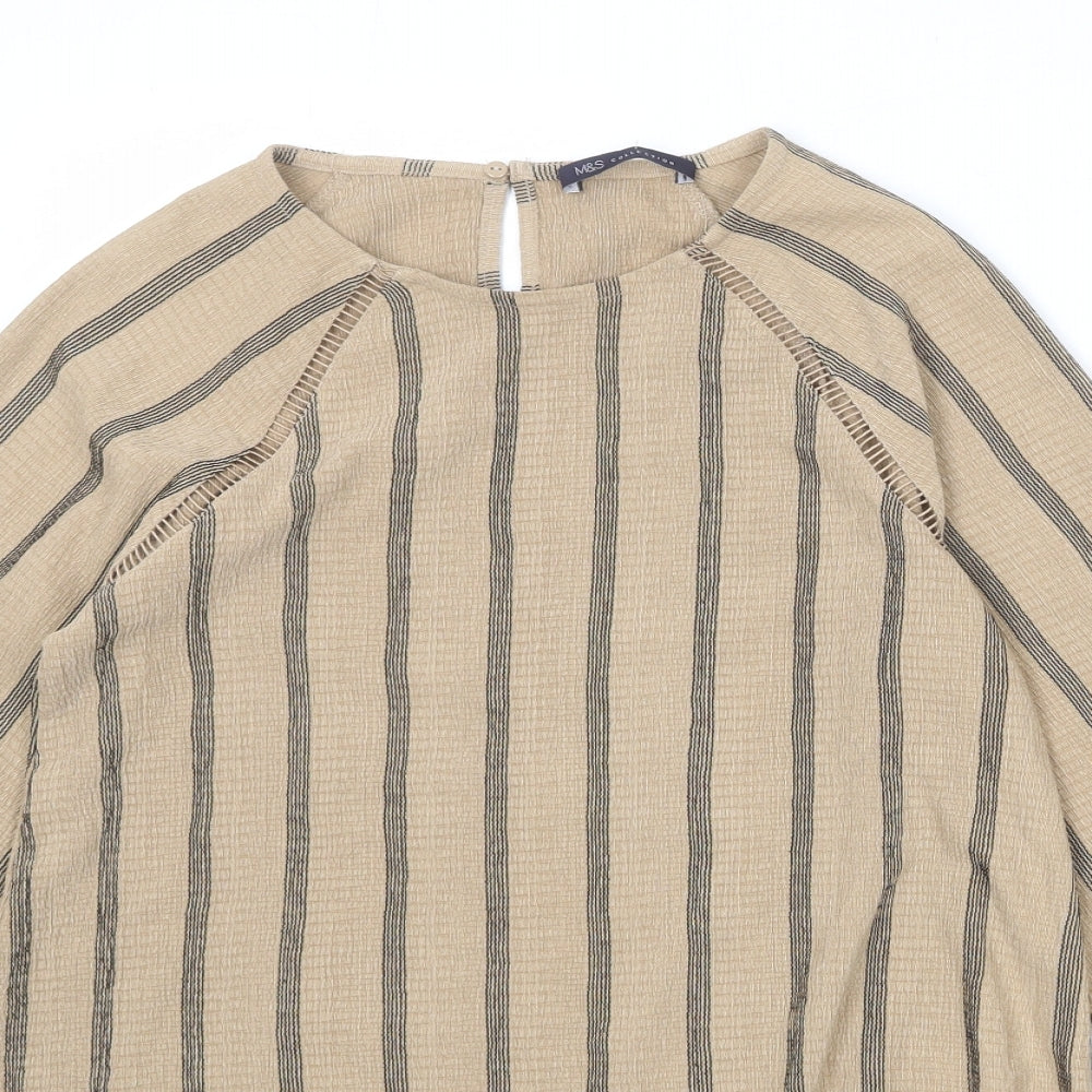 Marks and Spencer Womens Brown Striped Polyester Basic Blouse Size 6 Round Neck