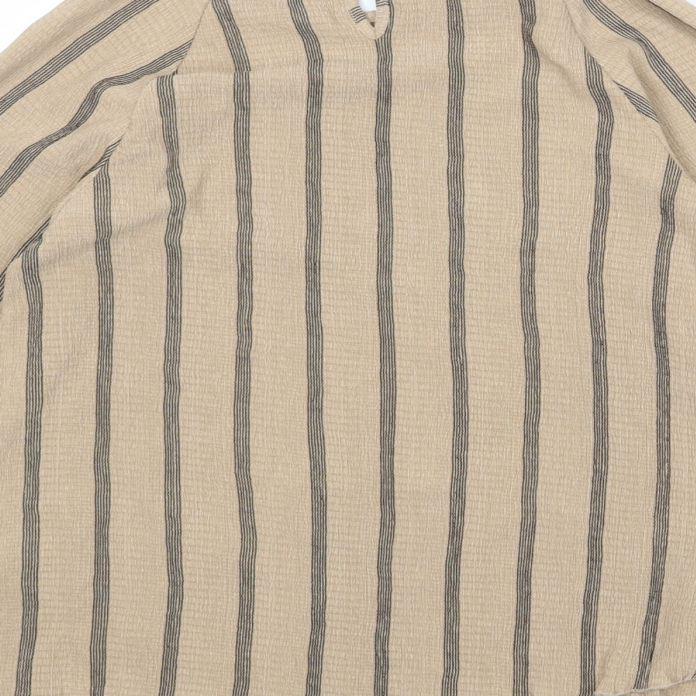 Marks and Spencer Womens Brown Striped Polyester Basic Blouse Size 6 Round Neck