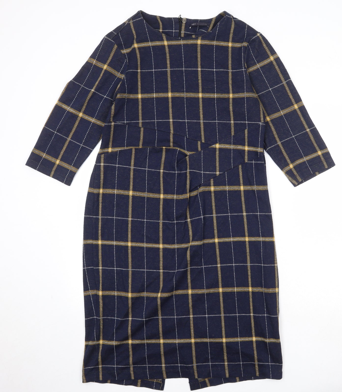 Marks and Spencer Womens Blue Check Polyester A-Line Size 18 Round Neck Zip