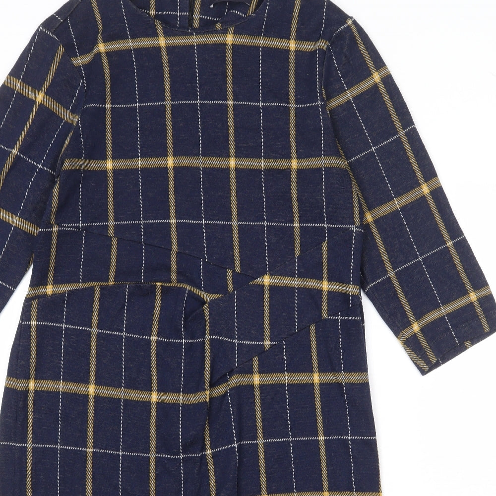 Marks and Spencer Womens Blue Check Polyester A-Line Size 18 Round Neck Zip