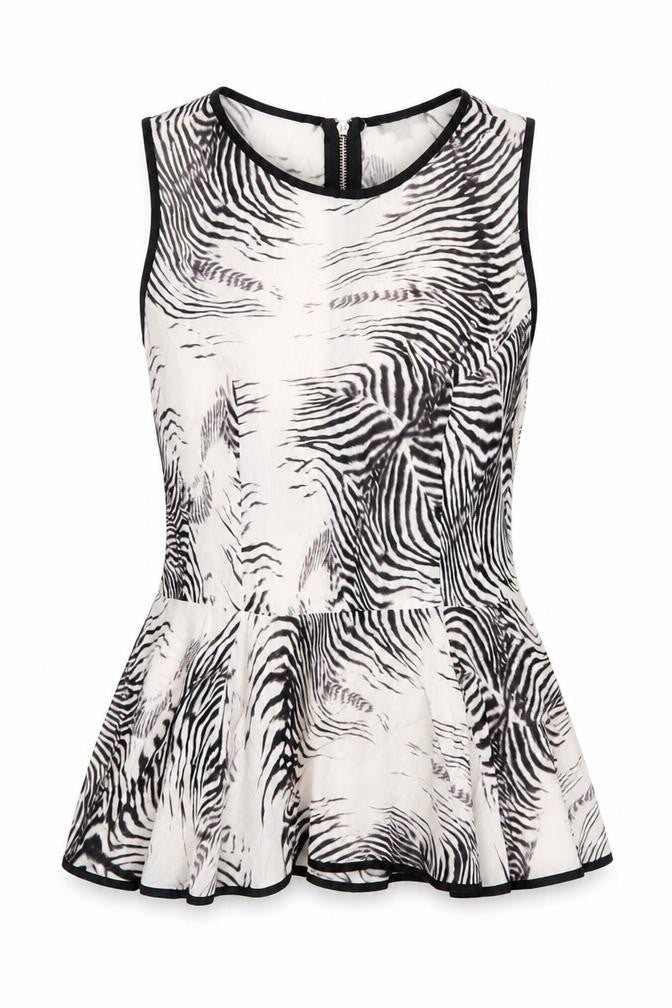 Front view of River Island women’s ivory animal print viscose basic blouse, size UK 12, round neck - zebra print
