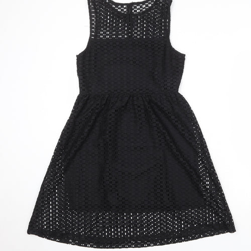 Mango Womens Black Geometric Polyester Fit & Flare Size XS Round Neck Button