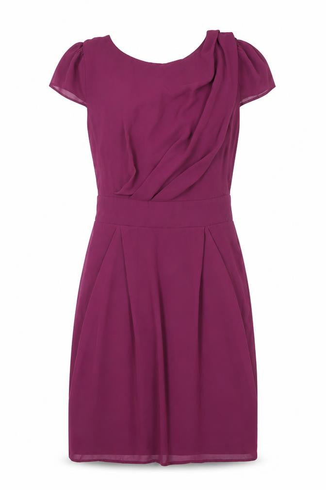 Front view of River Island women’s purple polyester shift, size UK 6, round neck tie