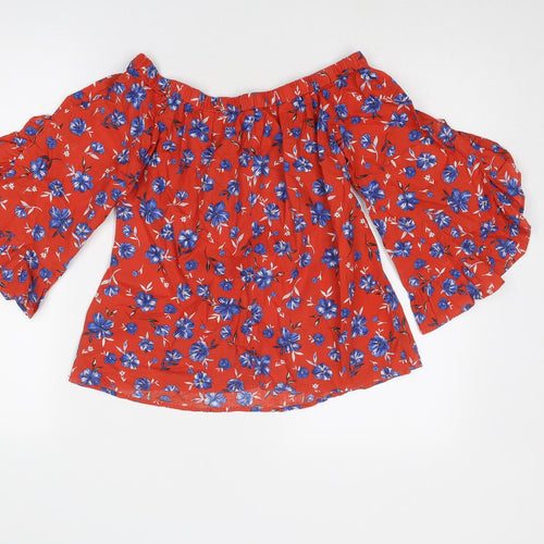 Very Womens Red Floral Cotton Basic Blouse Size 10 Boat Neck