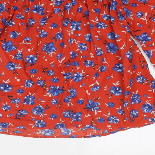 Very Womens Red Floral Cotton Basic Blouse Size 10 Boat Neck