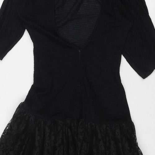 Fashion Style Womens Black Floral Polyamide Fit & Flare Size 10 Round Neck Zip
