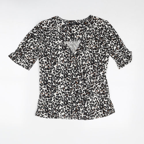 NEXT Womens Black Animal Print Viscose Basic Blouse Size 10 V-Neck - Leopard Print