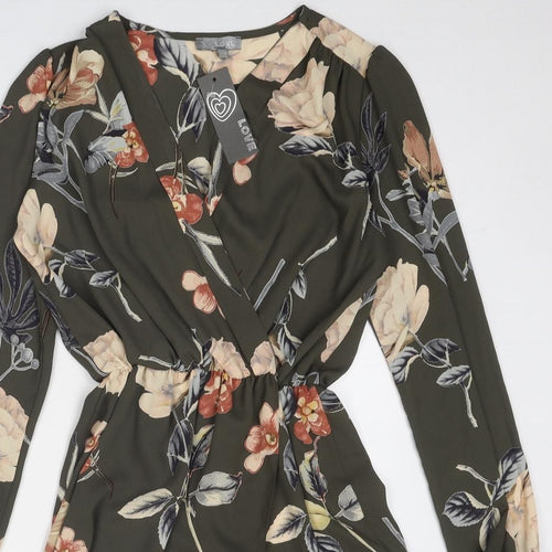 Love Womens Green Floral Polyester Fit & Flare Size S V-Neck Pullover - Size S-M