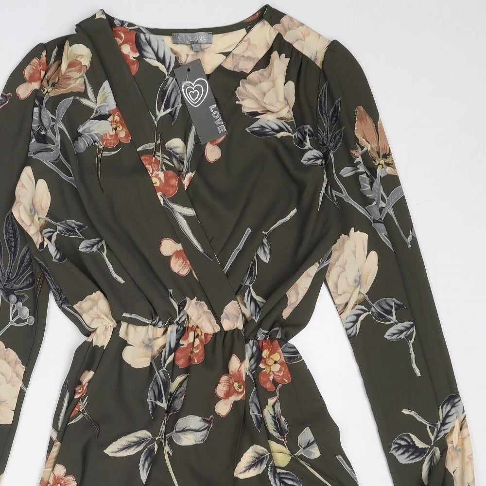 Love Womens Green Floral Polyester Fit & Flare Size S V-Neck Pullover - Size S-M