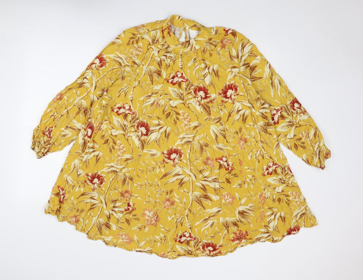 H&M Womens Yellow Floral Viscose Trapeze & Swing Size 12 Round Neck Button