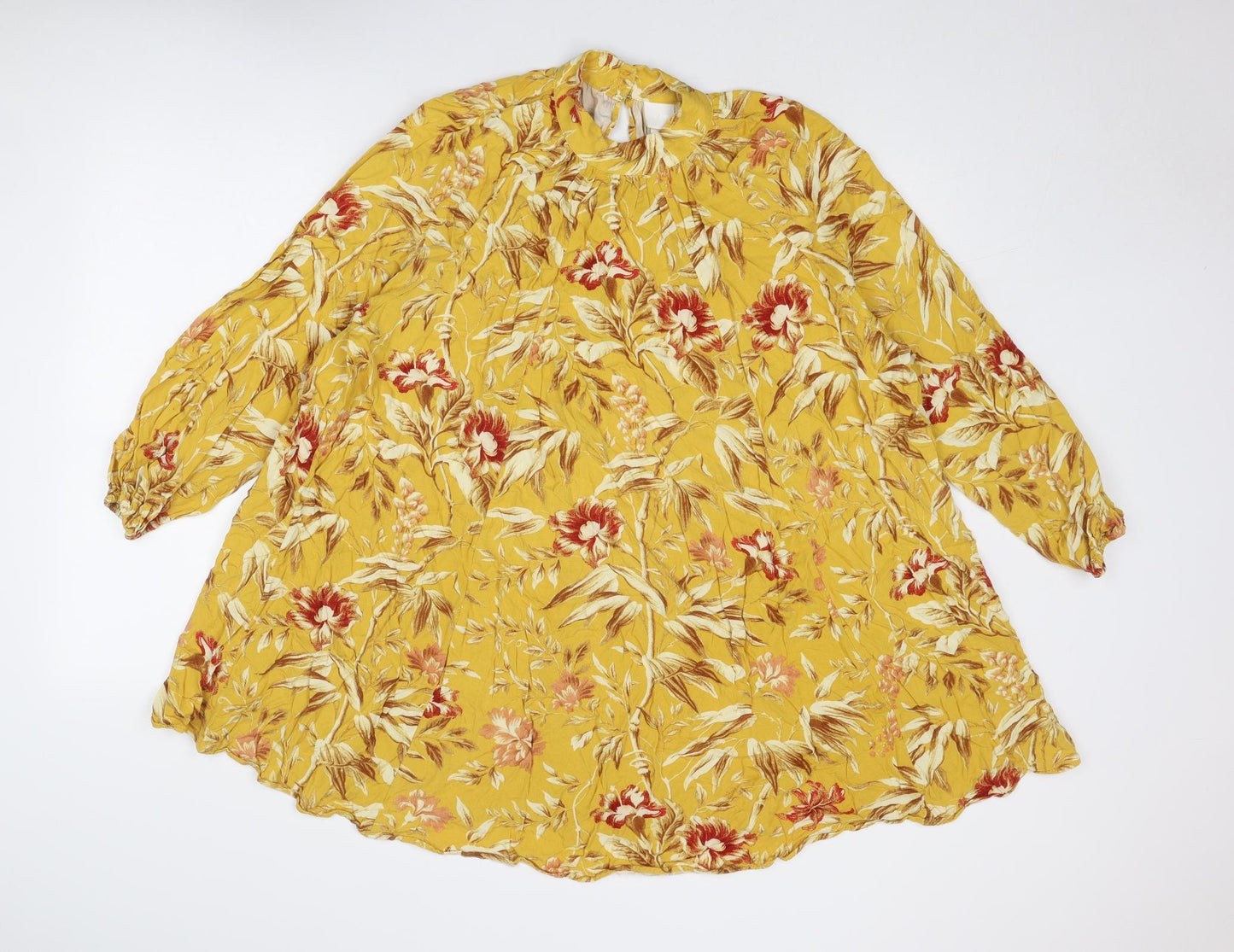 H&M Womens Yellow Floral Viscose Trapeze & Swing Size 12 Round Neck Button