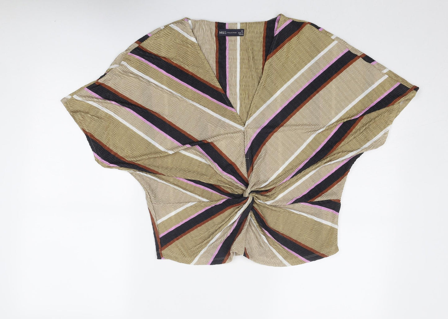 Marks and Spencer Womens Beige Geometric Polyester Basic Blouse Size 14 V-Neck - Knot Front