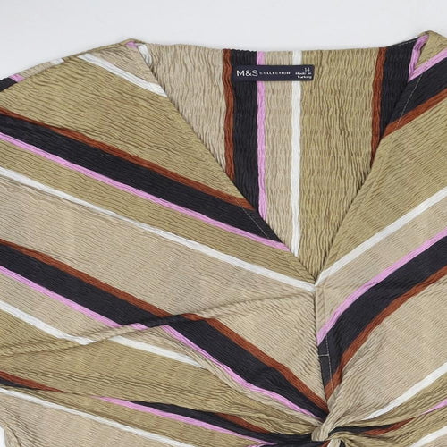 Marks and Spencer Womens Beige Geometric Polyester Basic Blouse Size 14 V-Neck - Knot Front