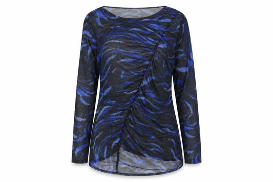 Front view of Simply Be women’s blue geometric polyester basic blouse, size UK 16, round neck
