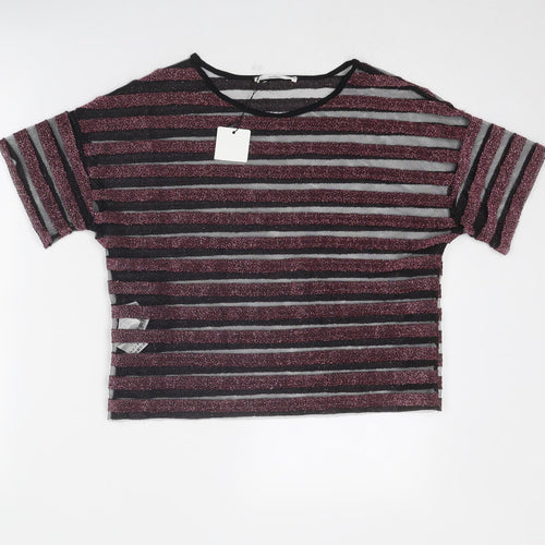 Mango Womens Pink Striped Polyester Basic T-Shirt Size S Round Neck